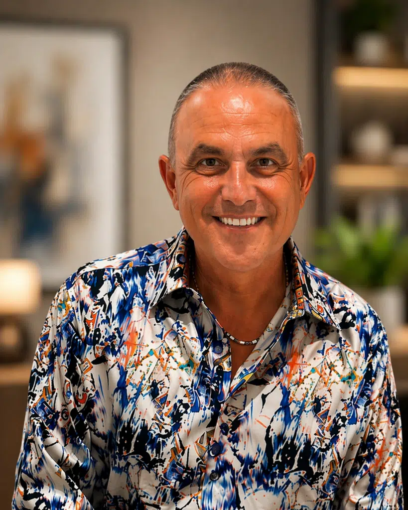 Anthony Fata portrait in patterned shirt, warm interior background